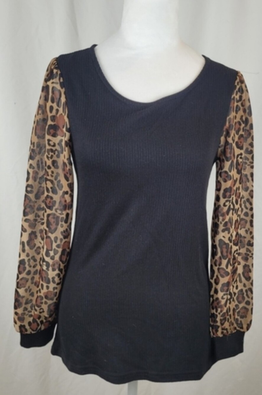 NWT Cleo Black Ribbed Top with Sheer Leopard Blouson Sleeves XS